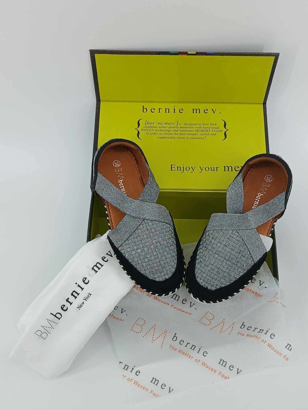 Bernie Mev, silver/grey colorway Woven elastic slip-on sandals,